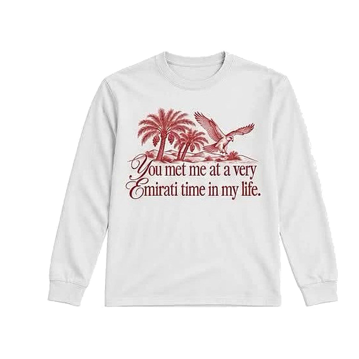 Emirati Time Long Sleeve in white, red palm tree and falcon print