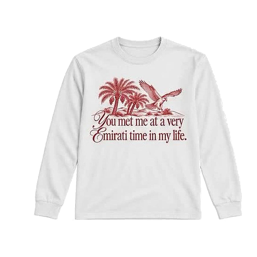 Emirati Time Long Sleeve in white, red palm tree and falcon print