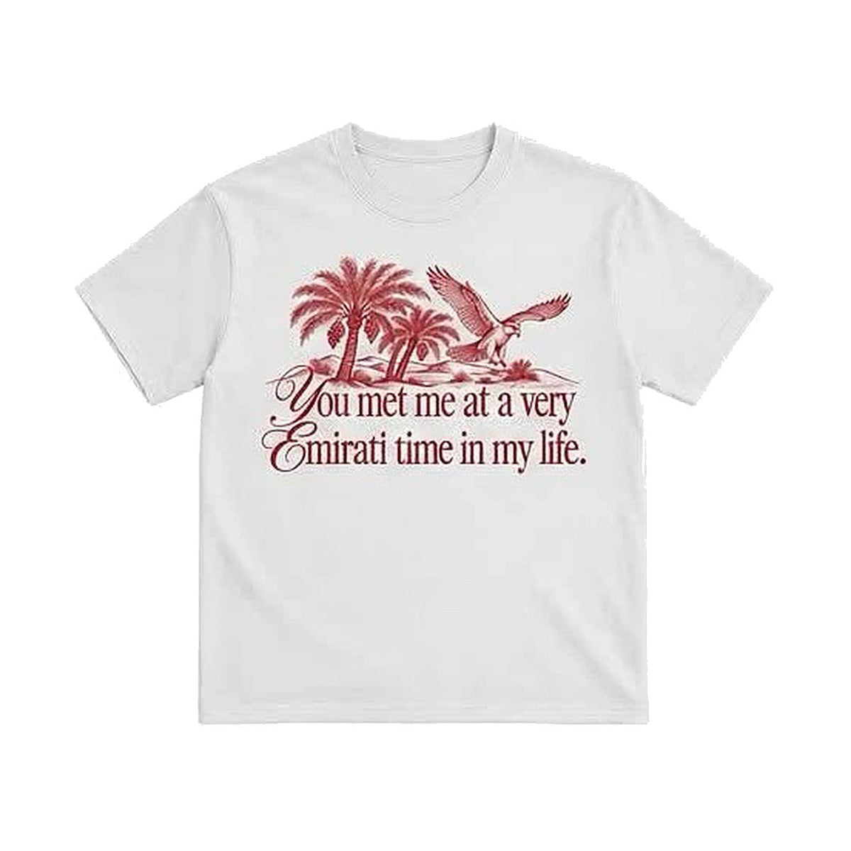 Emirati Time Tee in white, red palm tree and falcon print