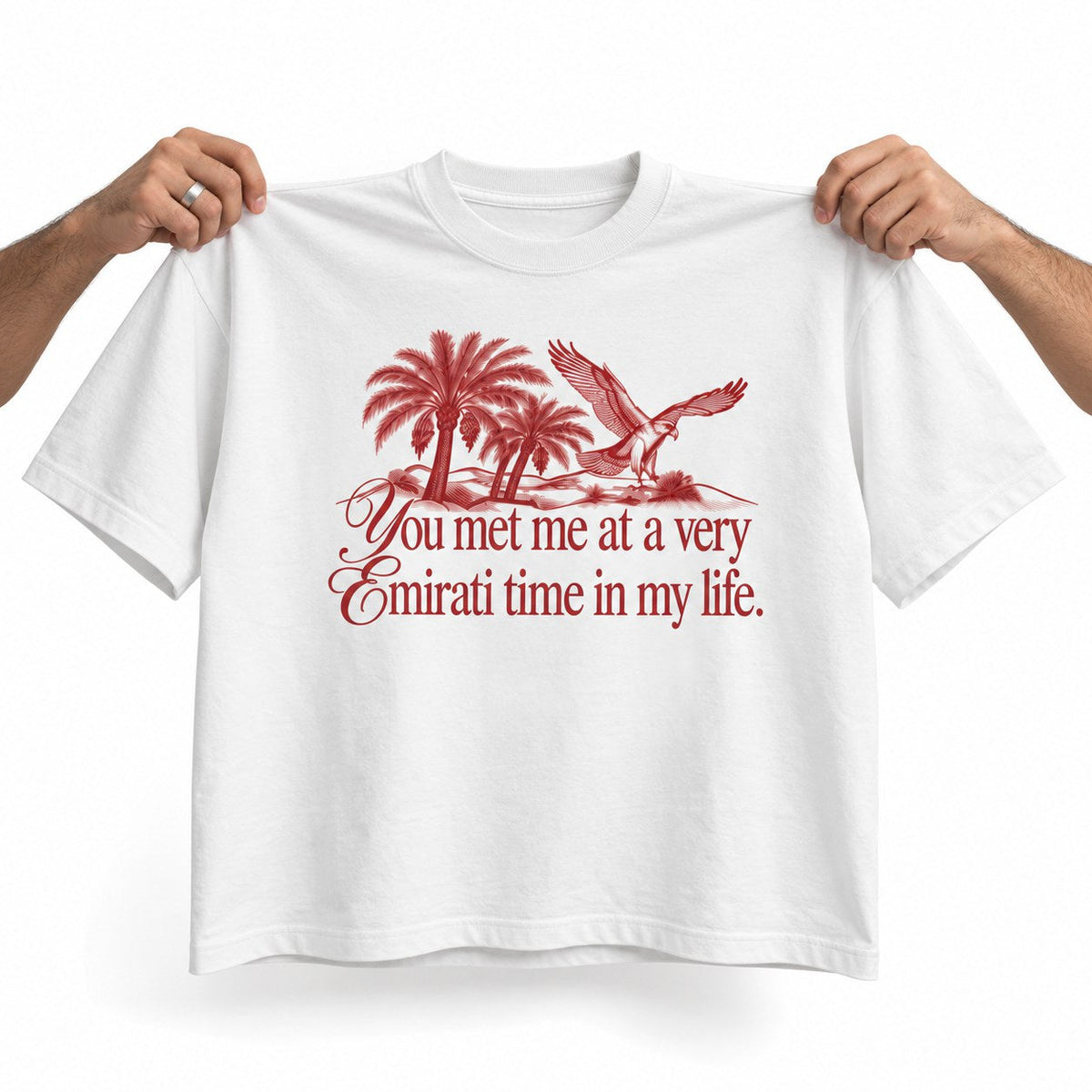 Emirati Time Tee in white, held up